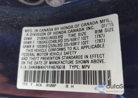 2015 Honda Cr-V Ex-L из США, поврежденный, VIN 2HKRM4H71FH676618